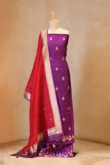 Purple Banarasi Silk Salwar Suit Set with Red Organza Dupatta