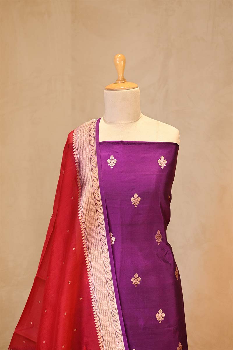Purple Banarasi Silk Salwar Suit Set with Red Organza Dupatta