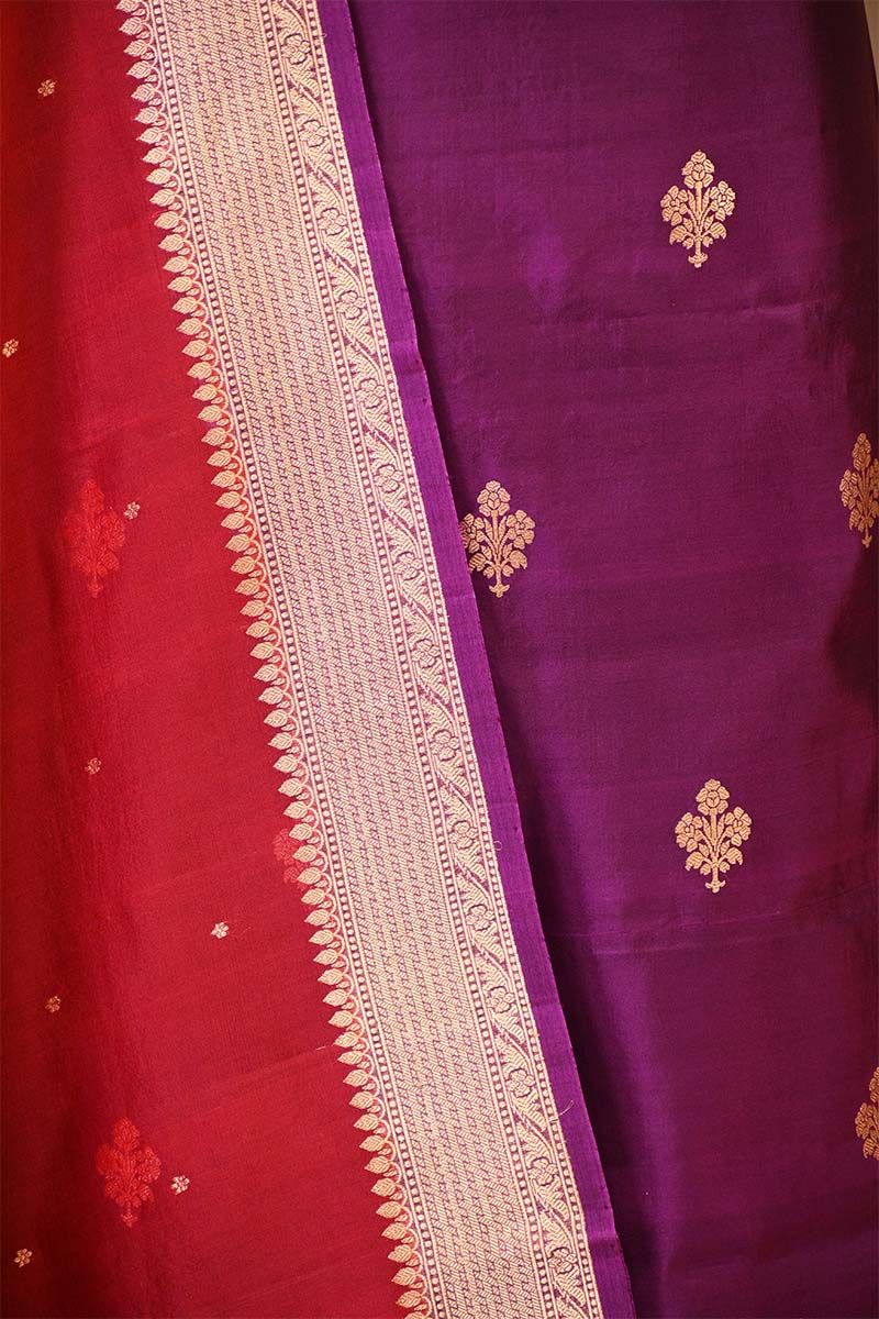Purple Banarasi Silk Salwar Suit Set with Red Organza Dupatta