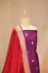 Purple Banarasi Silk Salwar Suit Set with Red Organza Dupatta