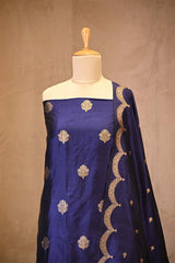 Blue Banarasi Salwar Suit Set with Gold Zari Motifs and Dupatta