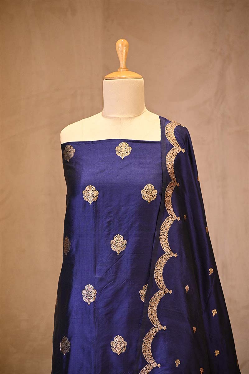 Blue Banarasi Salwar Suit Set with Gold Zari Motifs and Dupatta