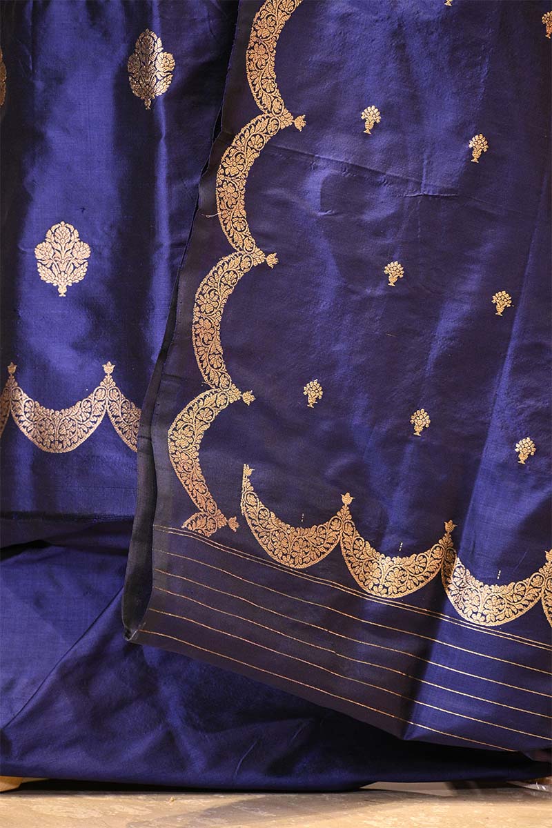 Blue Banarasi Salwar Suit Set with Gold Zari Motifs and Dupatta