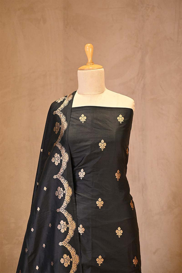 Black Banarasi Salwar Suit Set with Gold Zari Motifs and Dupatta