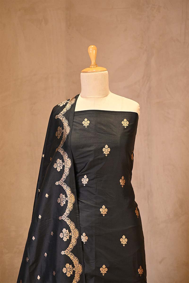 Black Banarasi Salwar Suit Set with Gold Zari Motifs and Dupatta