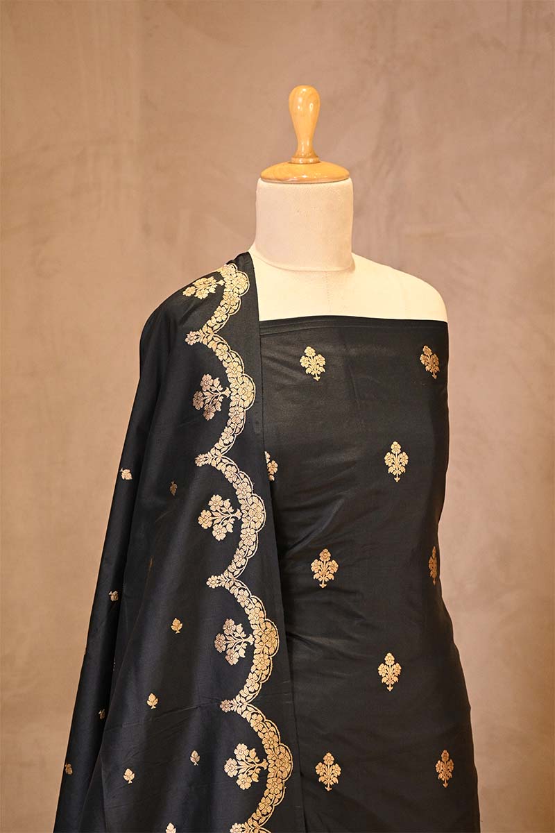 Black Banarasi Salwar Suit Set with Gold Zari Motifs and Dupatta