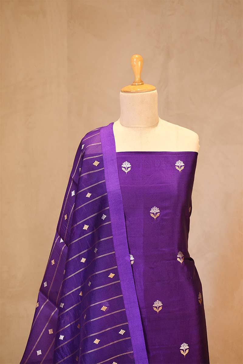 Purple banarasi Silk Salwar Suit with Sonarupa Motifs and Organza Dupatta