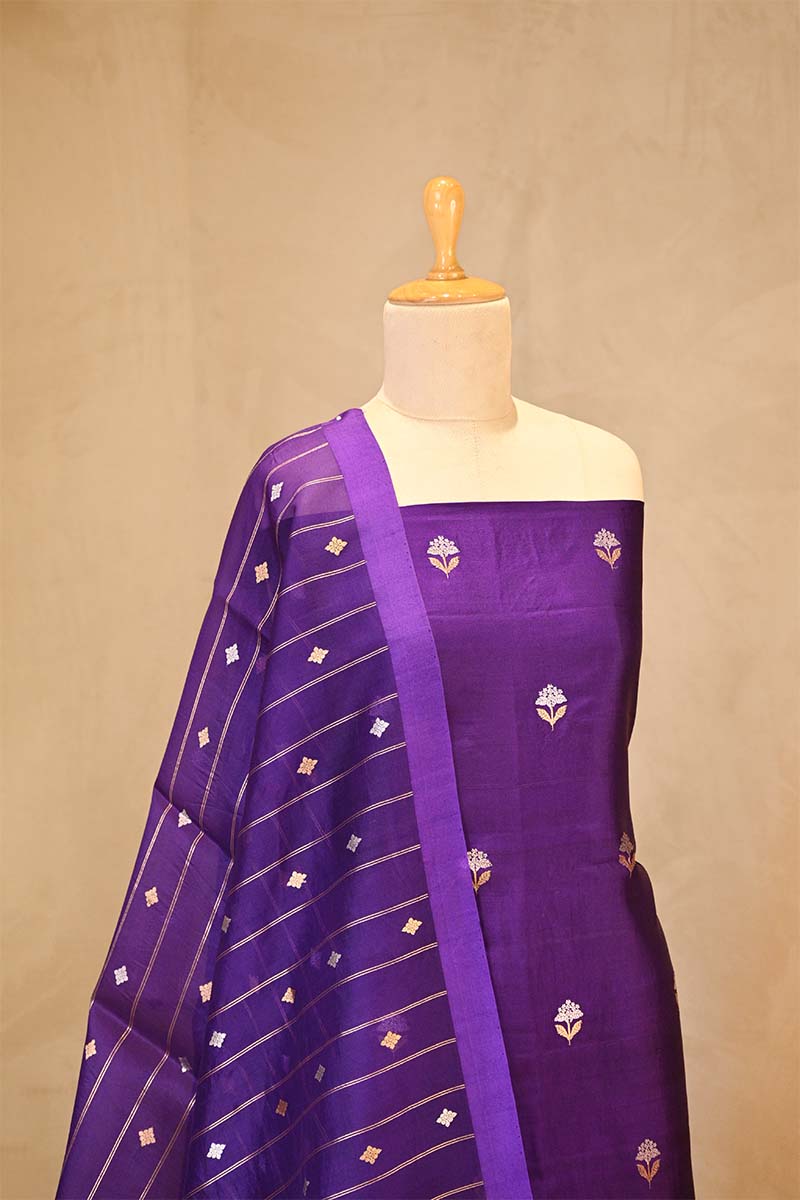 Purple banarasi Silk Salwar Suit with Sonarupa Motifs and Organza Dupatta