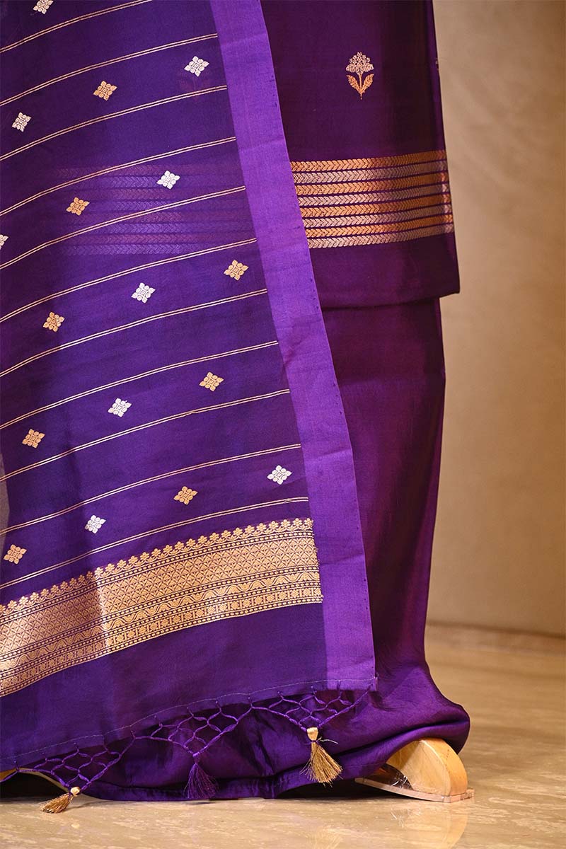 Purple banarasi Silk Salwar Suit with Sonarupa Motifs and Organza Dupatta