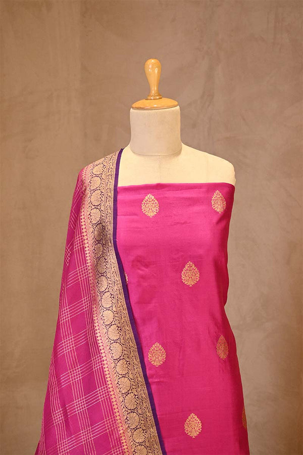 Pink Banarasi Silk Salwar Suit with Gold Zari Motifs and Organza Dupatta