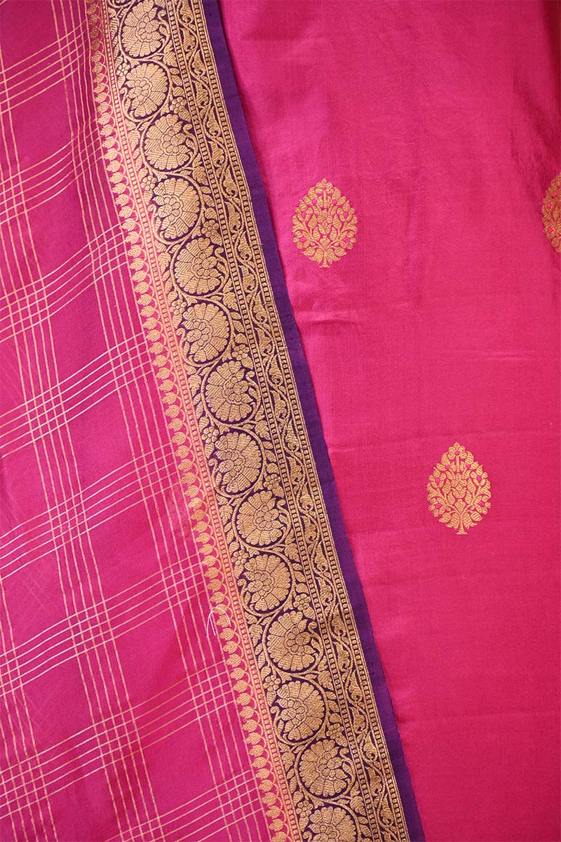 Pink Banarasi Silk Salwar Suit with Gold Zari Motifs and Organza Dupatta