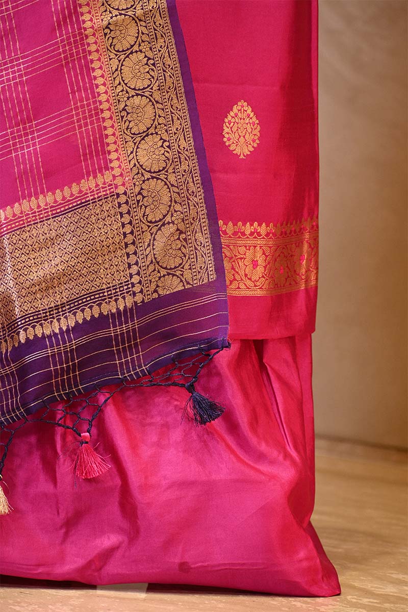 Pink Banarasi Silk Salwar Suit with Gold Zari Motifs and Organza Dupatta