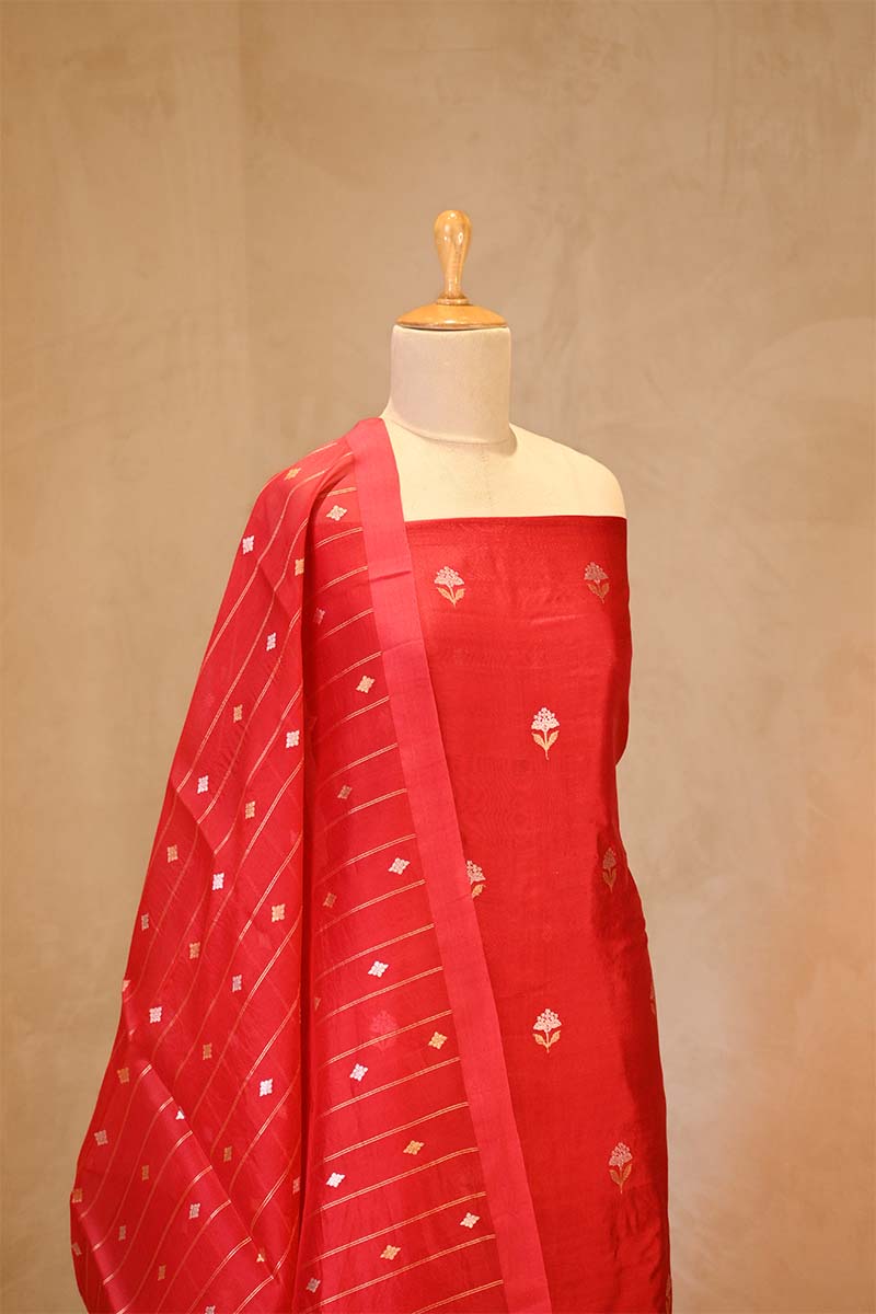 Red banarasi Silk Salwar Suit with Sonarupa Motifs and Organza Dupatta