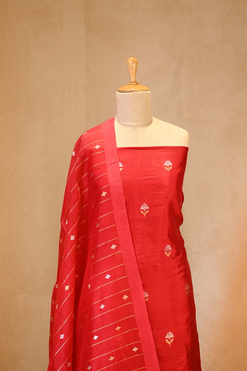 Red banarasi Silk Salwar Suit with Sonarupa Motifs and Organza Dupatta
