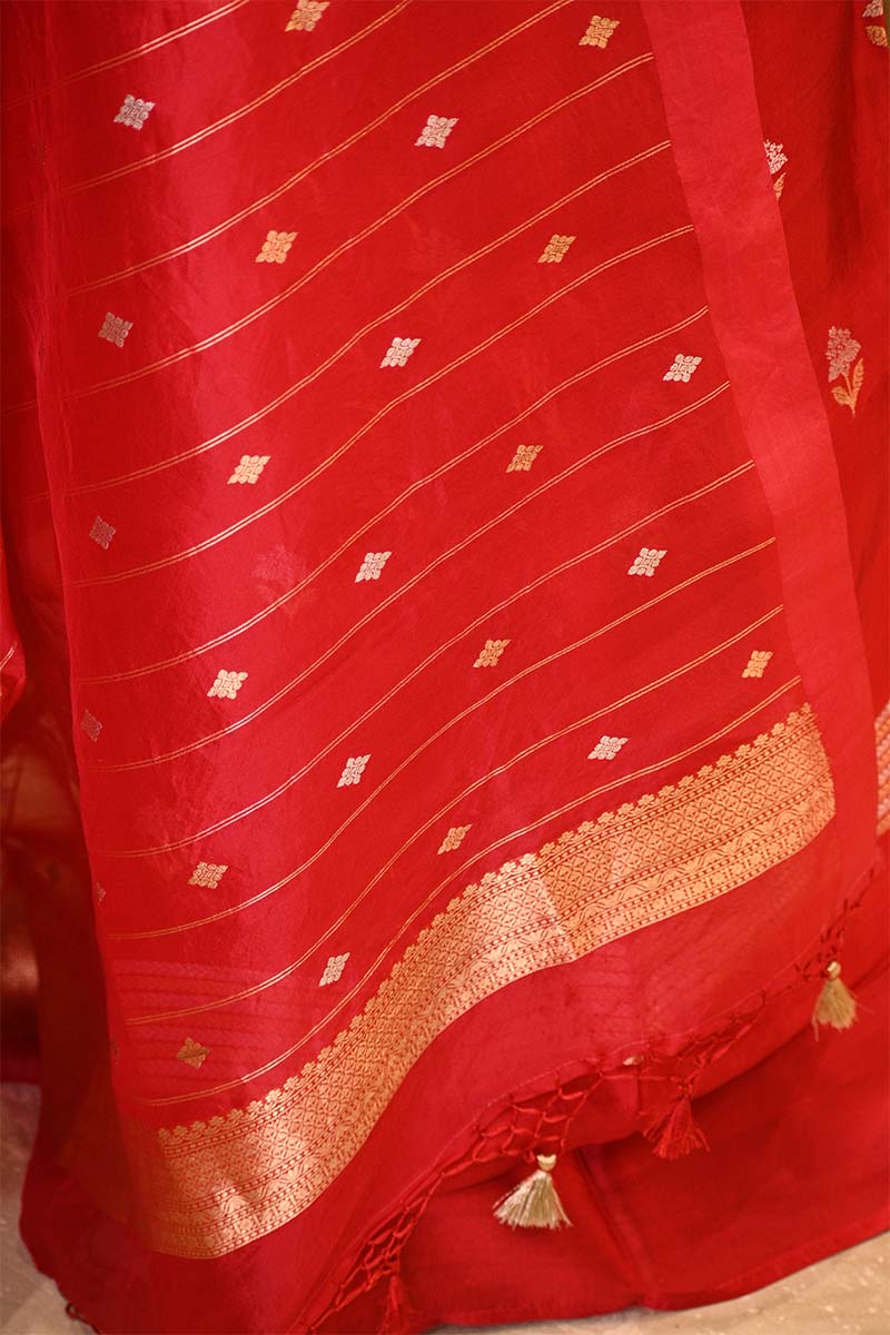 Red banarasi Silk Salwar Suit with Sonarupa Motifs and Organza Dupatta