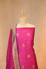 Magenta Pink Banarasi Silk Salwar Suit with Gold Zari Motifs and Organza Dupatta
