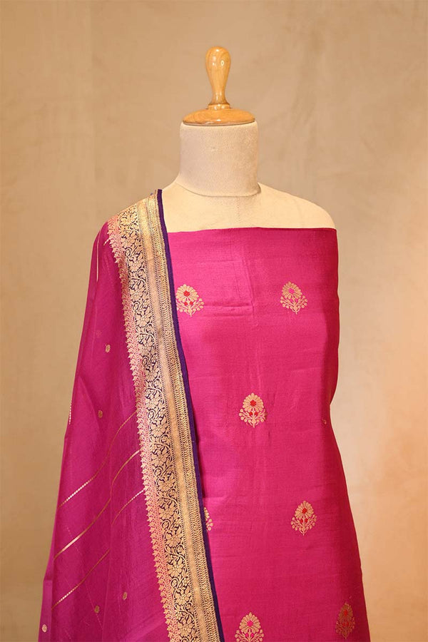 Magenta Pink Banarasi Silk Salwar Suit with Gold Zari Motifs and Organza Dupatta