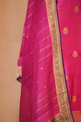 Magenta Pink Banarasi Silk Salwar Suit with Gold Zari Motifs and Organza Dupatta