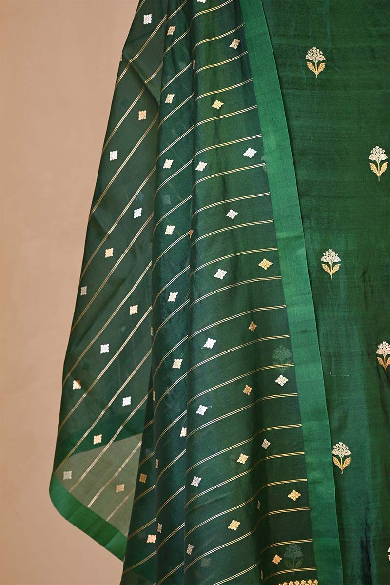 Green banarasi Silk Salwar Suit with Sonarupa Motifs and Organza Dupatta