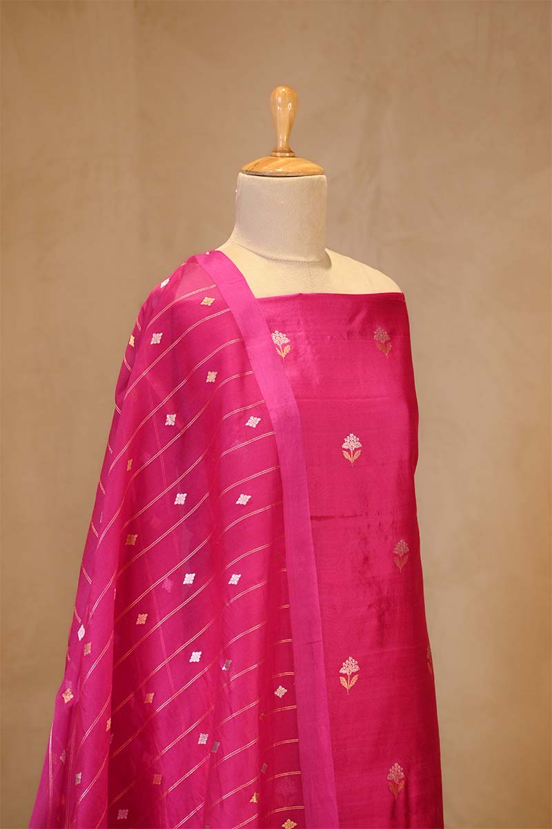 Pink banarasi Silk Salwar Suit with Sonarupa Motifs and Organza Dupatta