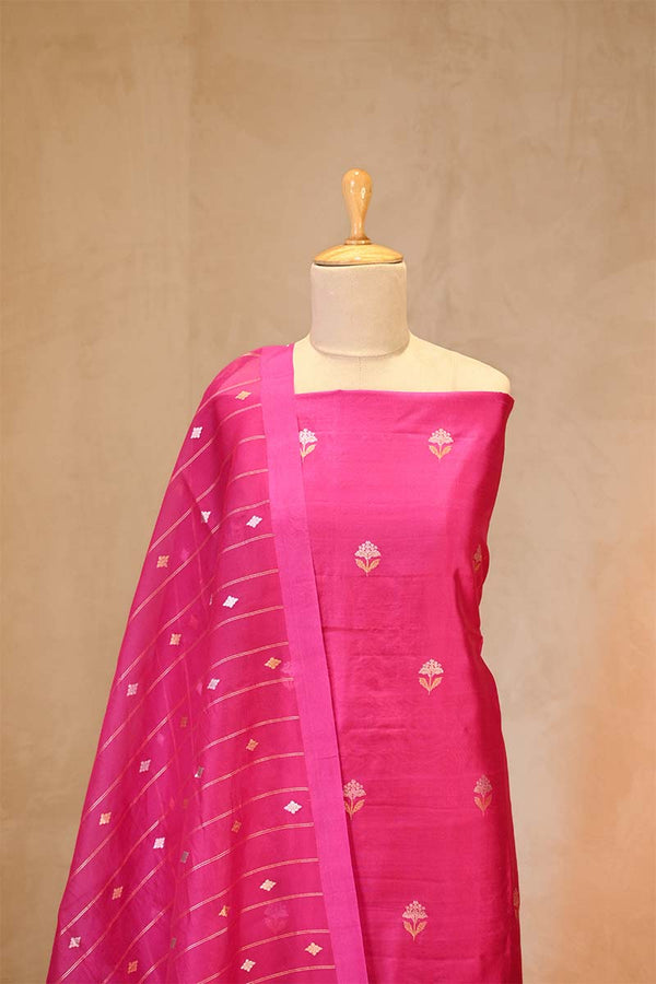 Pink banarasi Silk Salwar Suit with Sonarupa Motifs and Organza Dupatta