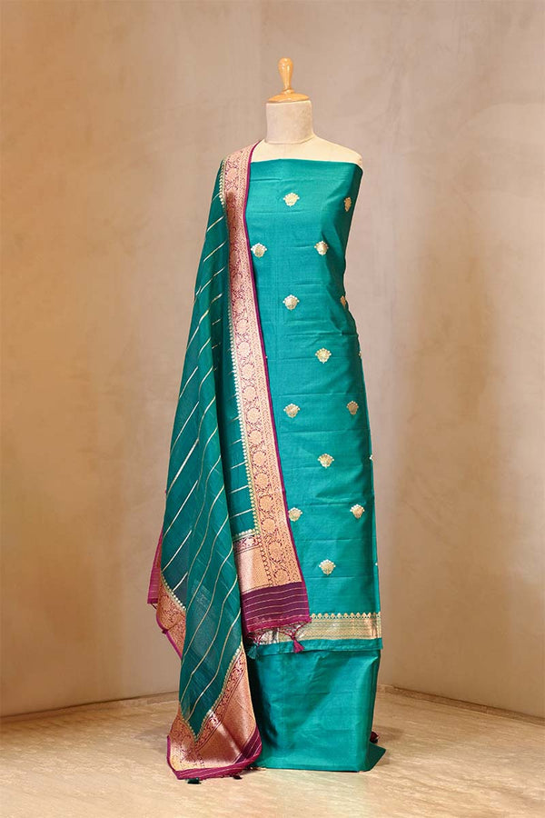Sea Green Banarasi Silk Salwar Suit with Gold Zari Motifs and Organza Dupatta