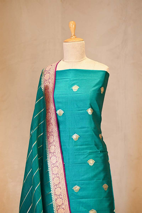 Sea Green Banarasi Silk Salwar Suit with Gold Zari Motifs and Organza Dupatta