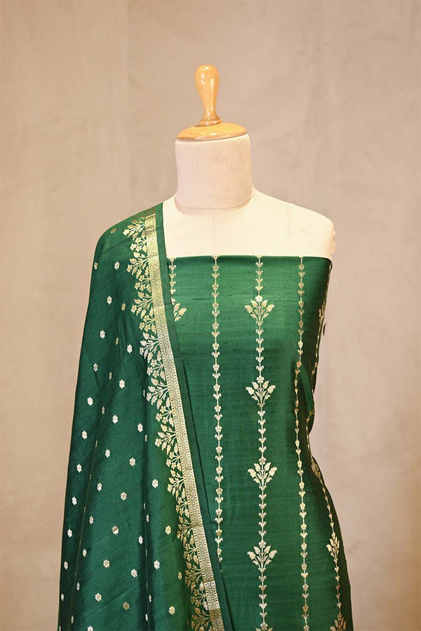 Bottle Green Chiniya Silk Salwar Suit Set with Dupatta