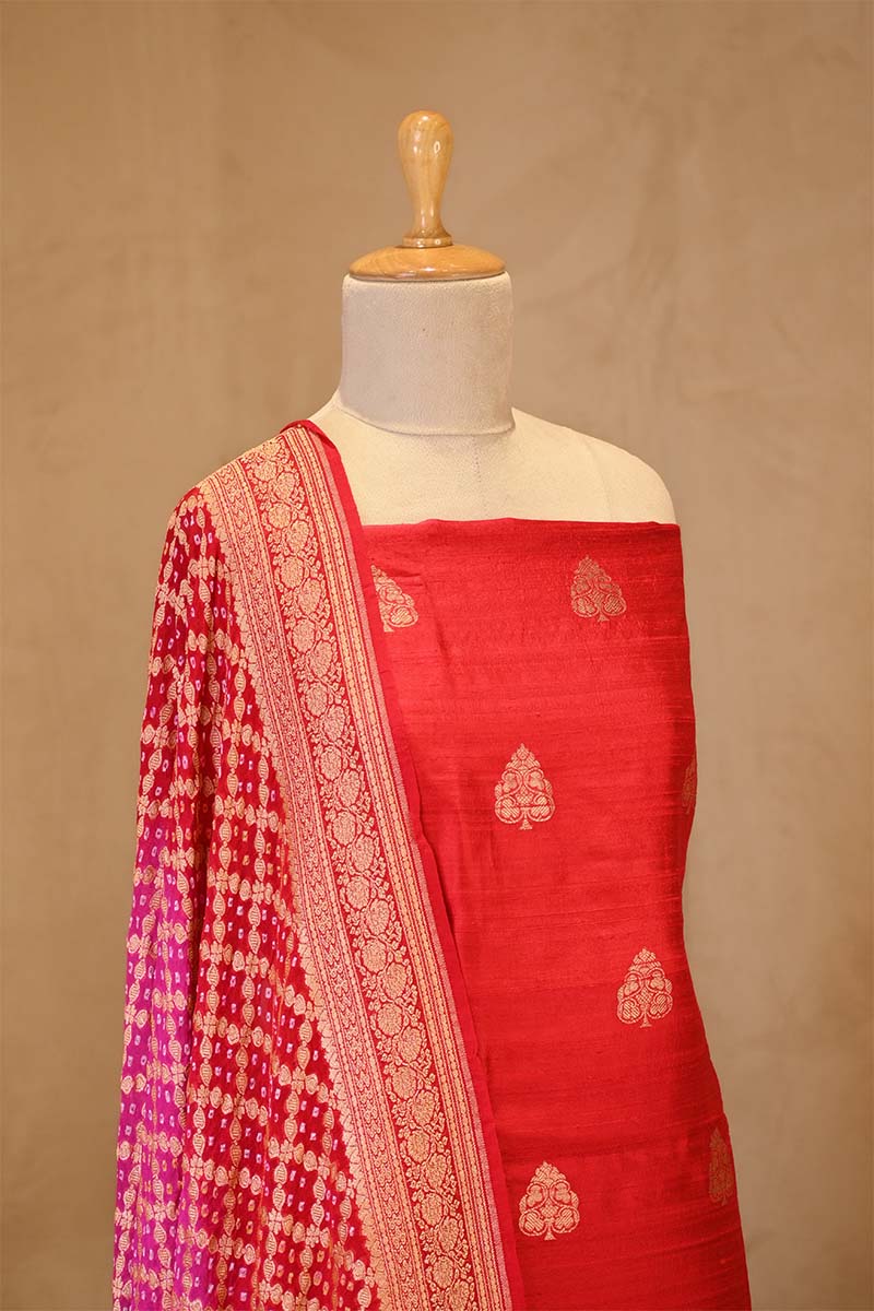 Red Salwar Suit with Shaded Bandhani Banarasi Dupatta