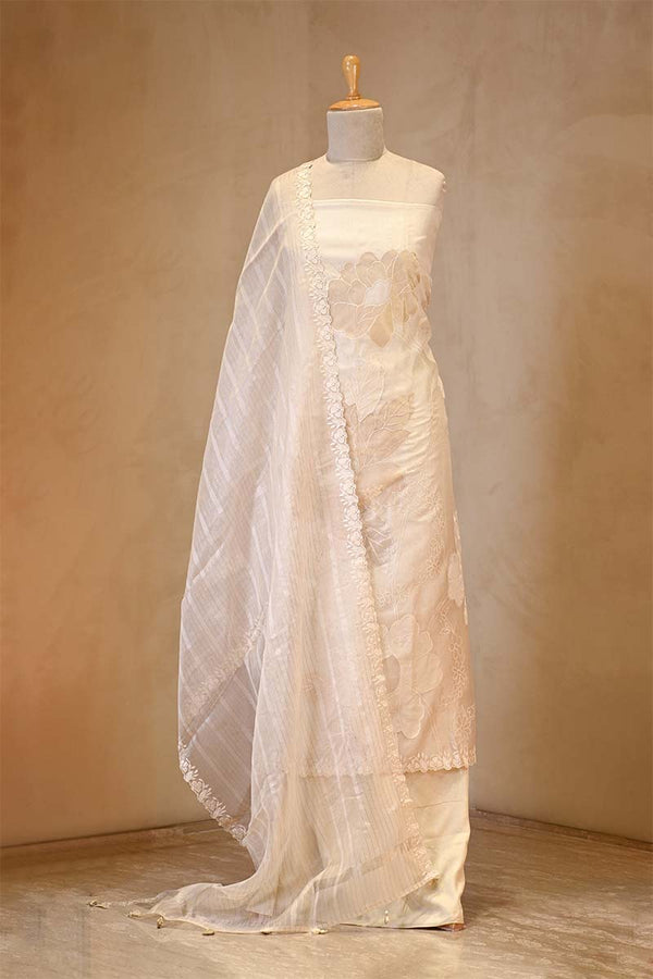 Off White Organza Silk Suit Set with Appliqué Work