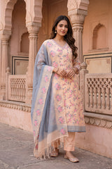 Off-White Organza Silk Salwar Suit with Emberoidered Dupatta