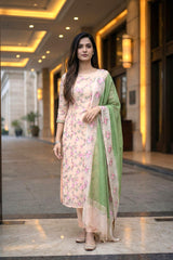Off-White and Green Organza Silk Salwar Suit with Emberoidered Dupatta