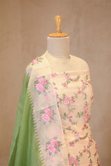 Off-White and Green Organza Silk Salwar Suit with Emberoidered Dupatta