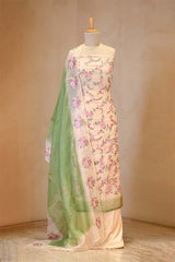 Off-White and Green Organza Silk Salwar Suit with Emberoidered Dupatta