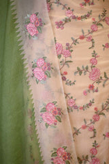 Off-White and Green Organza Silk Salwar Suit with Emberoidered Dupatta