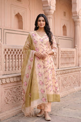 Off-White and Heena Green Organza Silk Salwar Suit with Emberoidered Dupatta