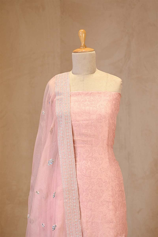 Pink Organza Silk Salwar Suit Set with Floral Prints and Embellishments