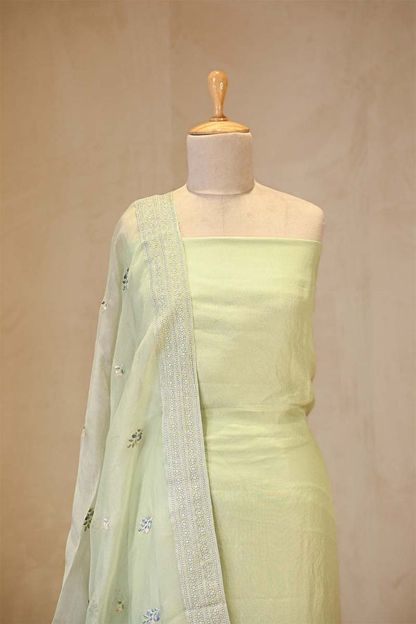 Green Organza Silk Salwar Suit Set with Floral Prints and Embellishments