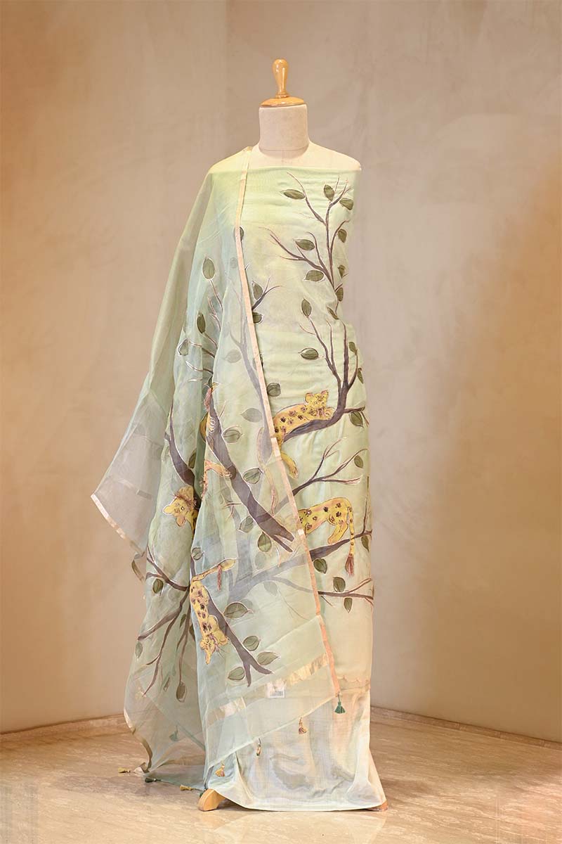 Green Handpainted Organza Silk Suit Set with Aari Embellishment