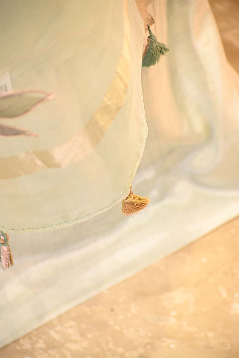 Green Handpainted Organza Silk Suit Set with Aari Embellishment