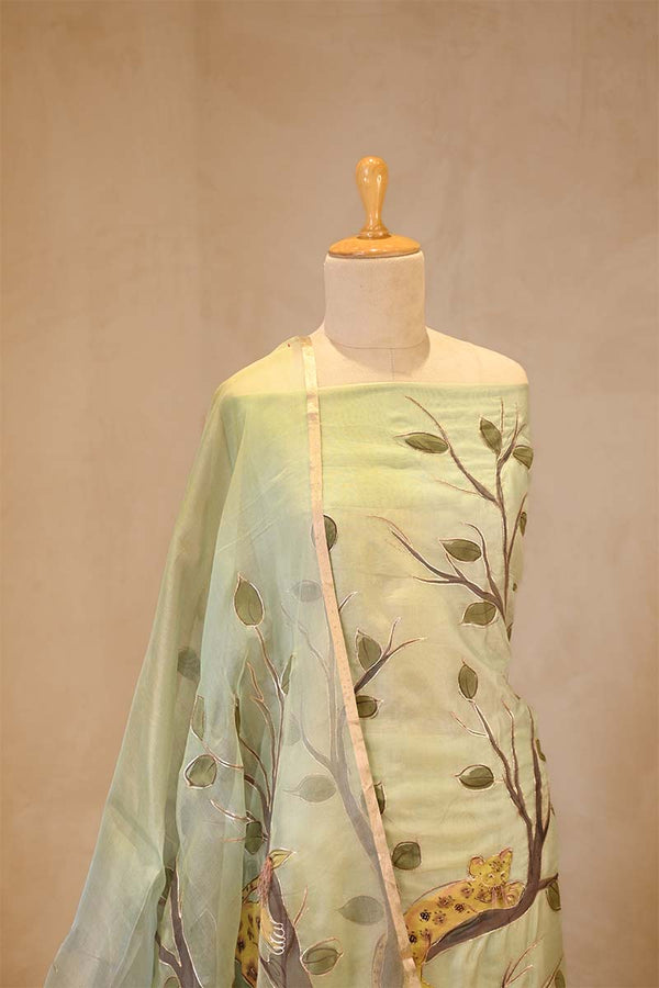 Green Handpainted Organza Silk Suit Set with Aari Embellishment