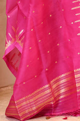 Banarasi Silk Suit Set in Pink with Gold Zari Brocade Yoke and Organza Dupatta