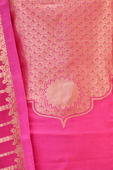 Banarasi Silk Suit Set in Pink with Gold Zari Brocade Yoke and Organza Dupatta