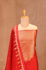 Banarasi Silk Suit Set in Red with Gold Zari Brocade Yoke and Organza Dupatta