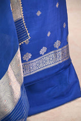 Katan Silk Unstitched Suit Set in Royal Blue with Silver Zari Floral Yoke and Matsya Motif Dupatta