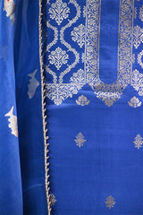 Katan Silk Unstitched Suit Set in Royal Blue with Silver Zari Floral Yoke and Matsya Motif Dupatta