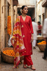 Dupion Silk Suit Set in Red with Gold Zari Buta and Rangkat Organza Dupatta