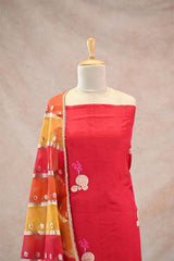 Dupion Silk Suit Set in Red with Gold Zari Buta and Rangkat Organza Dupatta
