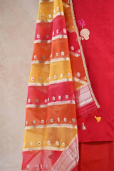 Dupion Silk Suit Set in Red with Gold Zari Buta and Rangkat Organza Dupatta