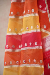 Dupion Silk Suit Set in Red with Gold Zari Buta and Rangkat Organza Dupatta